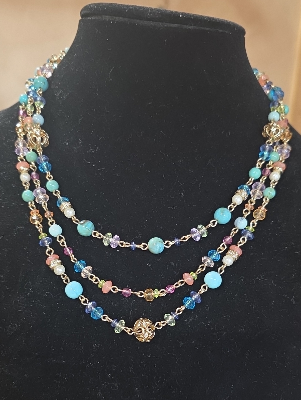 Source Unknown Multicolor Beaded Layered Necklace with Gold Accents